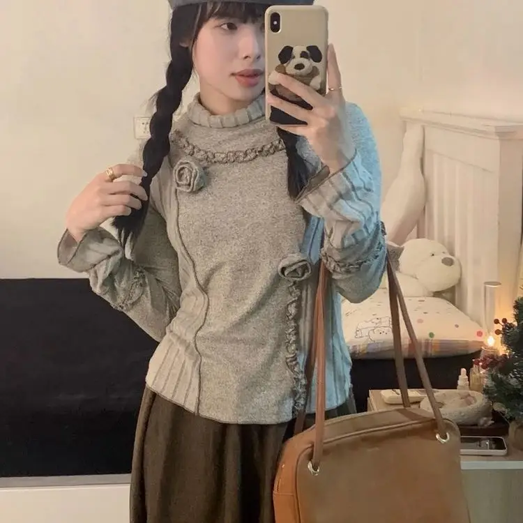 

Женская кружевная футболка с высоким воротом — вязаный многослойный топ с цветочной вышивкой, блузка в стиле пэчворк из прозрачной сетки Y2K, сексуальная эластичная базовая футболка, де