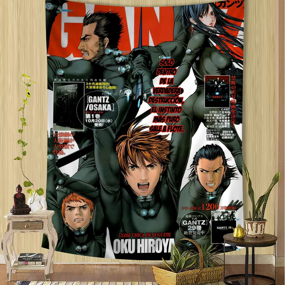 Tapiz de Anime japonés Gantz, alfombras de pared de flores Hippie, decoración de dormitorio, colgante de pared, decoración del hogar