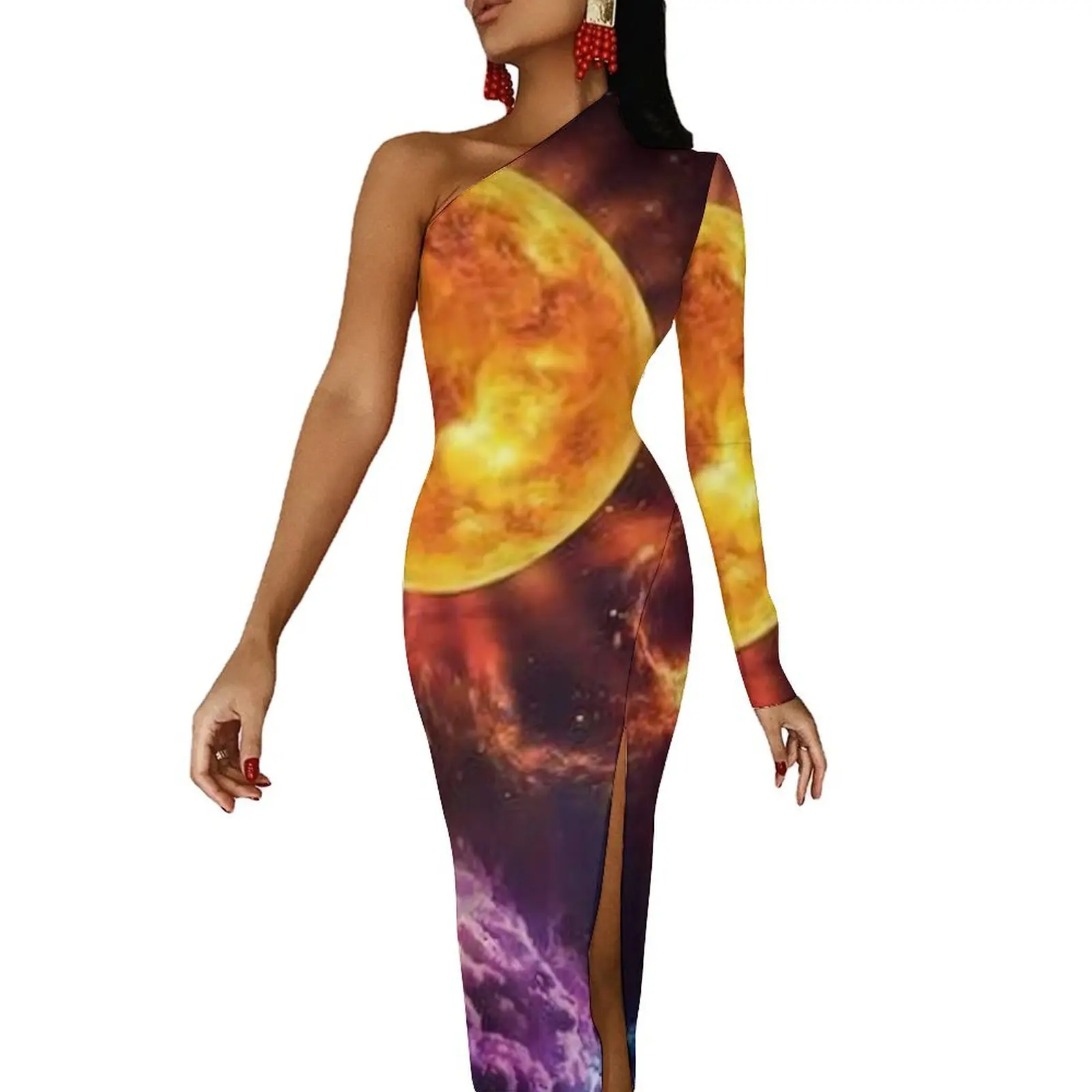 

Colorful Space Maxi Dress Long Sleeve Fantasy Planets Aesthetic Bodycon Dresses Autumn Elegant Dress Women Custom Clothing