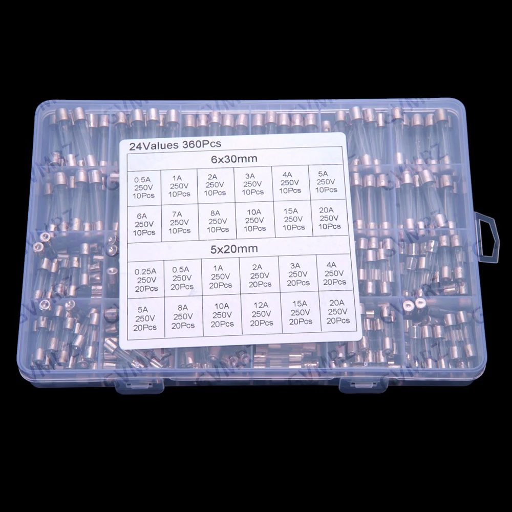 24Values 0.25A 0.5A 1A 2A 3A 4A 0.25A-20A 360PCS 5x20 6x30 Glass fuse kit 5A 8A 10A 12A 15A 20A 250V 6A 7A