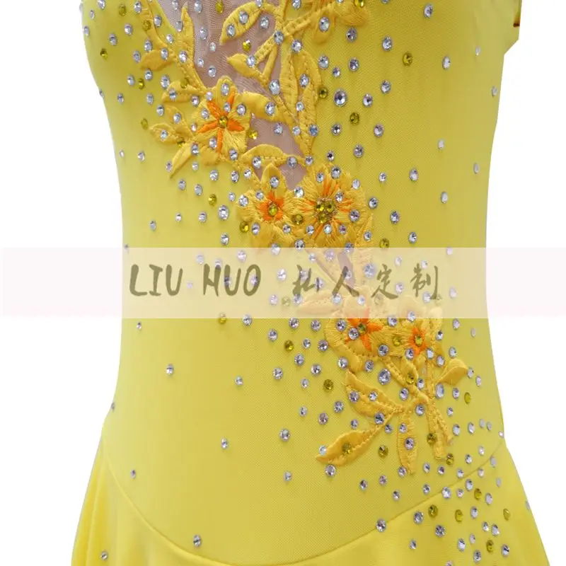 LIUHUO Figure Skating Dress Women's Girls' Ice Performance Yellow Sleeveless Rhythmic Gymnastics Competition Leotard Roller Kid