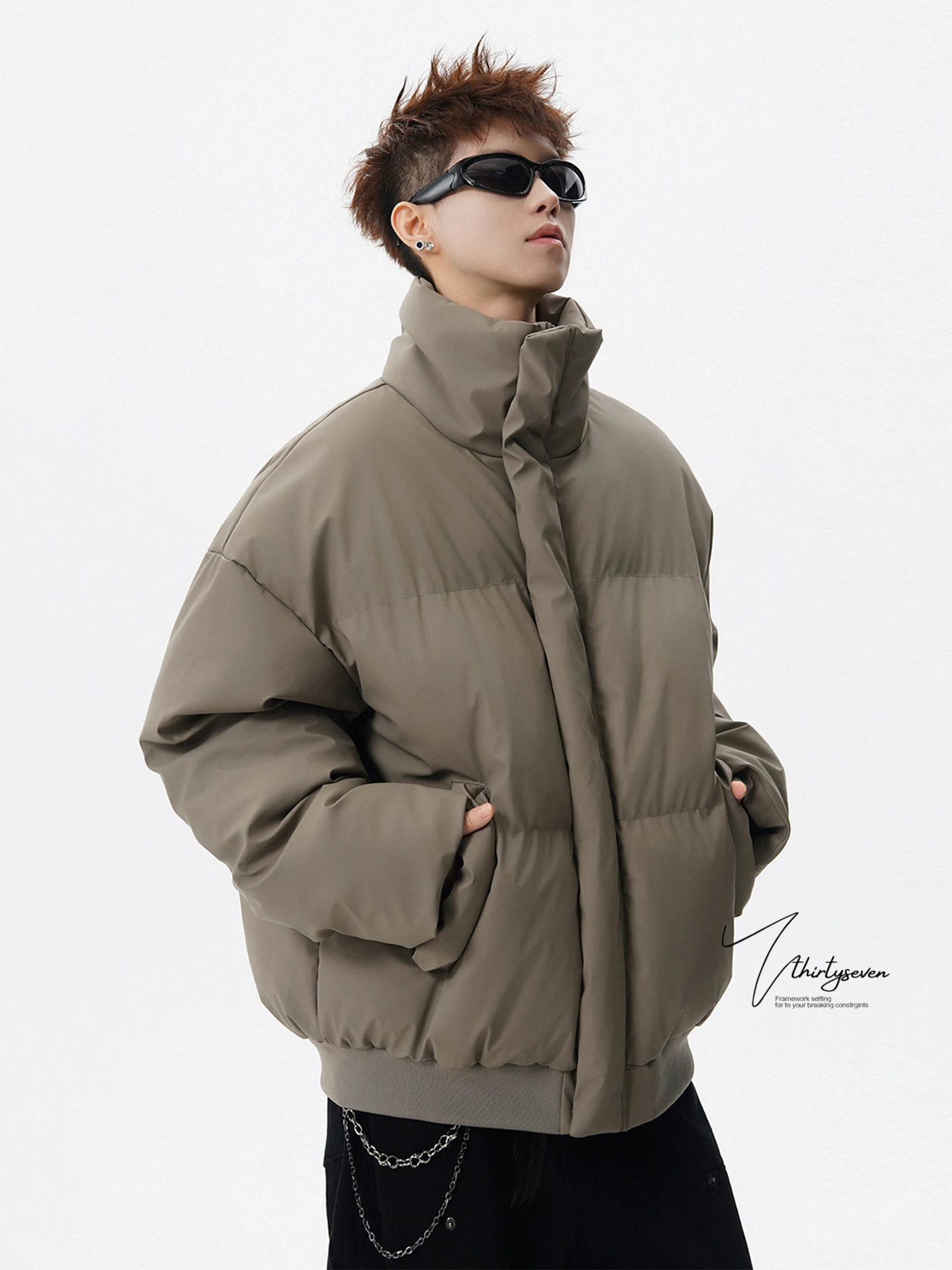 

V37 American Sle Thiened из искусственной кожи Bread Sle Cotton Jaet Мужская зимняя уличная крутая воротник-стойка Thiened Cotton...