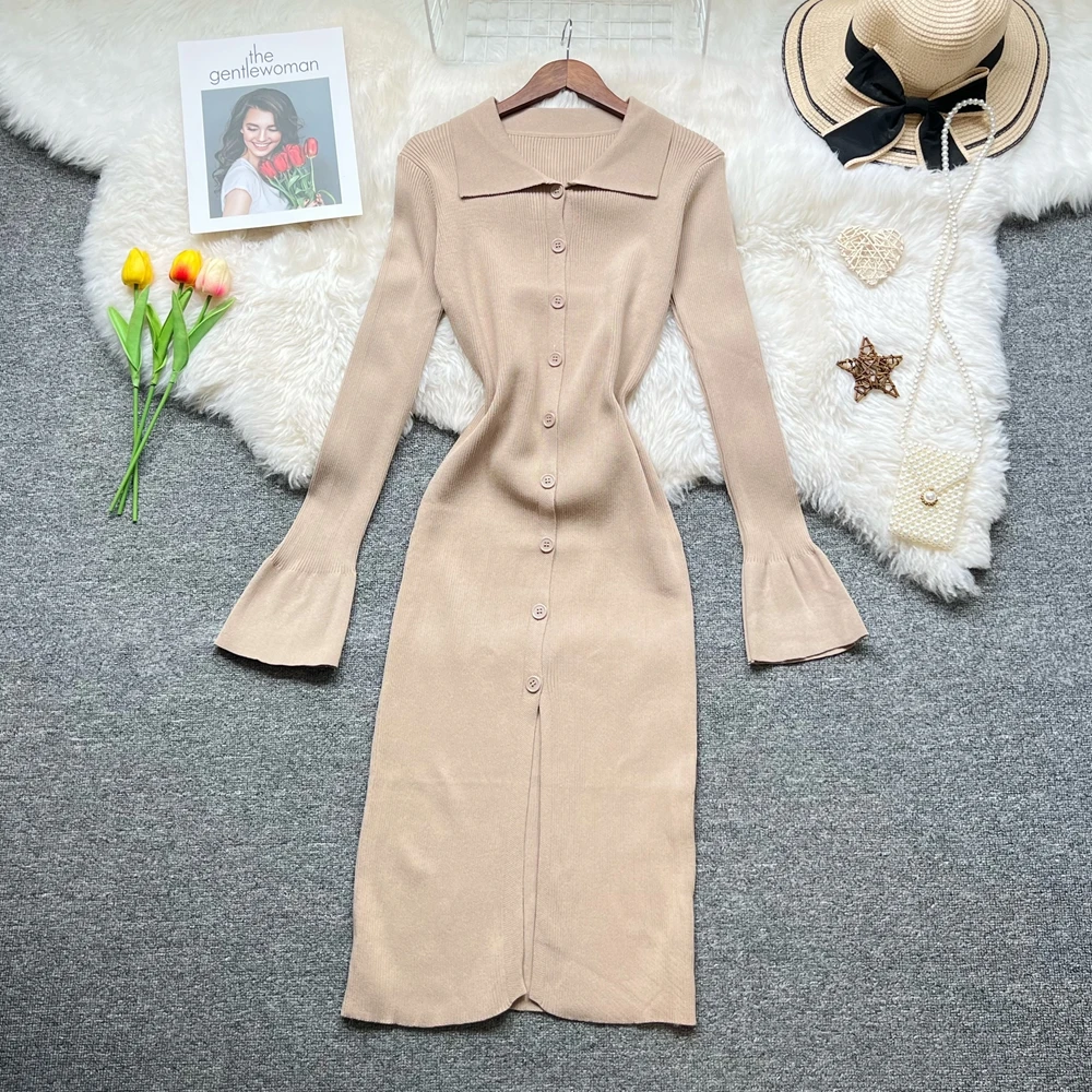YuooMuoo Frauen Kleid 2025, Herbst Elegante einreiher Hemd Pullover Kleid Koreanische Mode Dame Sexy Paket Hüften Party Kleider