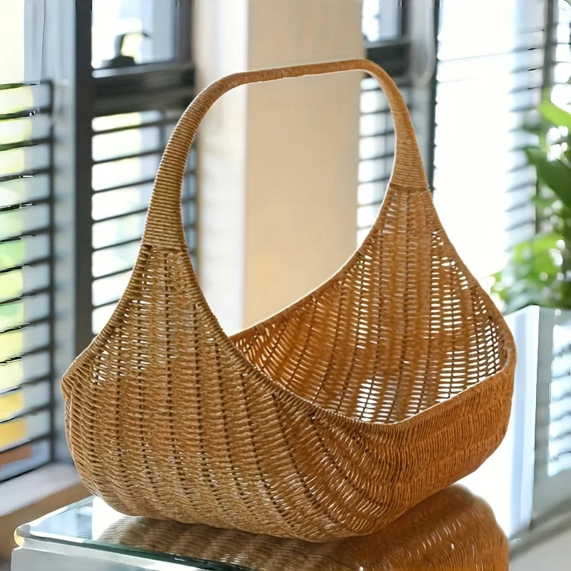 

Nordic Handwoven Storage Basket with Handle, Waterproof Plastic Picnic Basket for Food, Fruits & Bread, Durable Carry All Tote