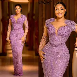 African Plus Size Mermaid Prom Gowns Purple Sequined Beading Evening Dresses Long Sleeves Illusion Engagement Party Gowns