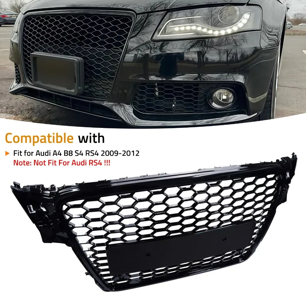 RS4-Style, glänzend schwarzer Frontgrill, Gittergrill für AUDI A4 S4 B8 2009 2010 2011 2012, nicht für RS4