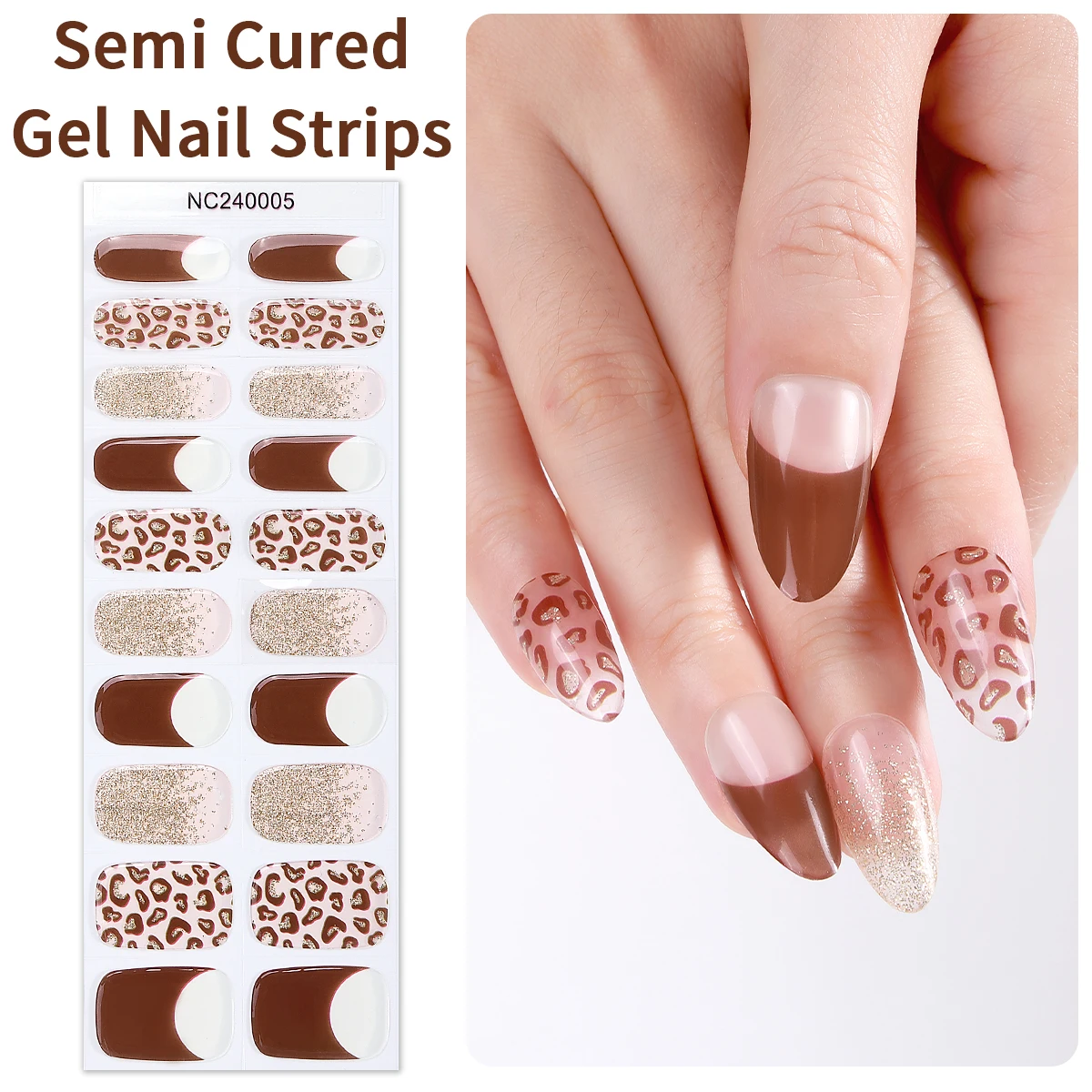 

20Tips French Leopard Semi Cured Gel Nail Strips Brown Autumn and Winter Gradient Nail Gel UV Stickers For Women Manicure Decor