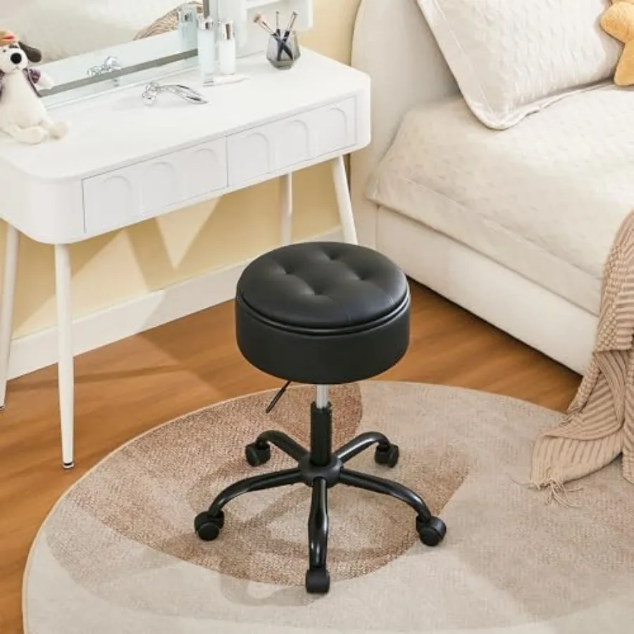 

Rolling Stool Adjustable Height Leather Esthetician Stool Thick Seat Cushion 20.67"-24.61" Black Vanity Chair with Storage