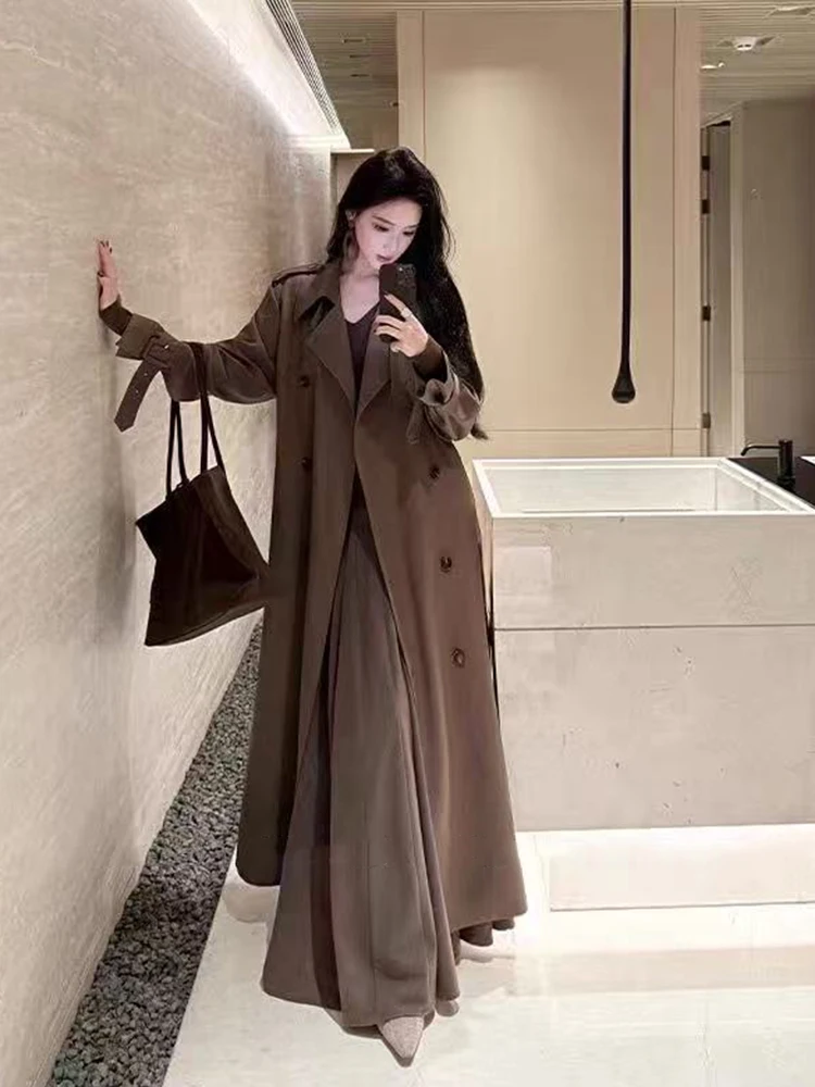 معاطف الخريف الكورية ميدي النساء Y2K موضة مزدوجة الصدر سترة فضفاضة Harajuku أنيقة هيبورن نمط كل مباراة ملابس خارجية طويلة