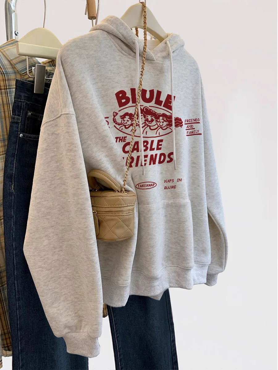 Retro Street Sle Fleece Lined Hoodie Women's Trendy Autumn Winter Korean Version Printed Jacket Casual Comfortable Fit