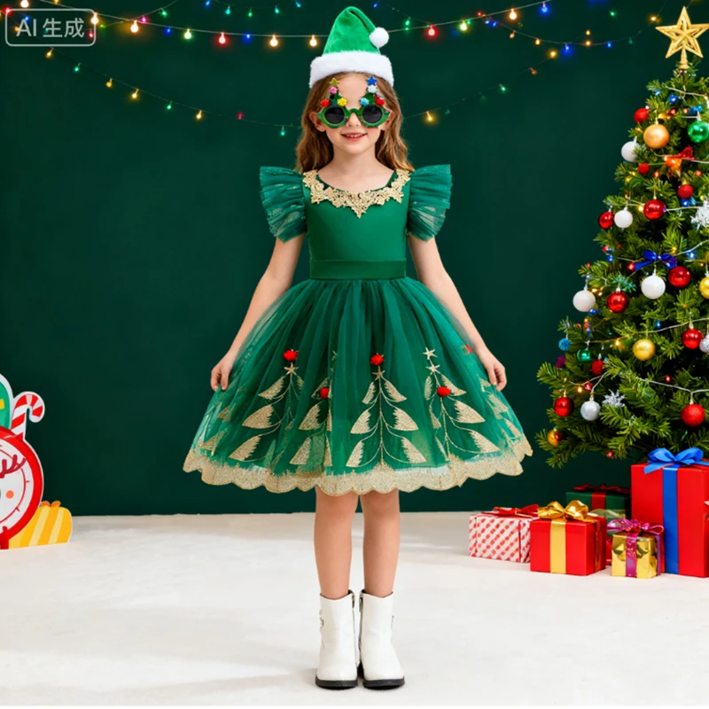 فستان عيد الميلاد للفتيات مع تطريز أنيق وقبعة سانتا الاحتفالية ونظارات لحفلات العطلات هدية عيد الميلاد الأولى للفتيات