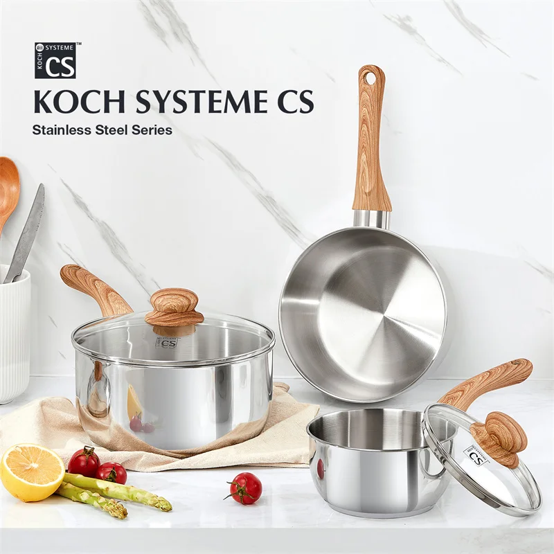 KOCH SYSTEME CS قدر من الفولاذ المقاوم للصدأ 1QT/2QT/3QT وعاء الحليب وعاء الحساء مع مقبض الباكليت المقاوم للحرارة مقالي الصلصة التعريفي