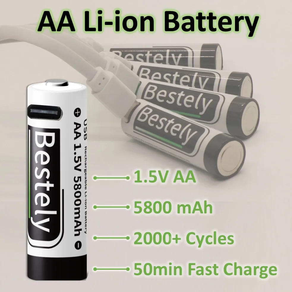 5800mAh USB-C AA Rechargeable Batteries 50 min Fast Charge, 2000+ Cycles Li-ion Battery for Smart Homes/Gadgets/Security Cameras