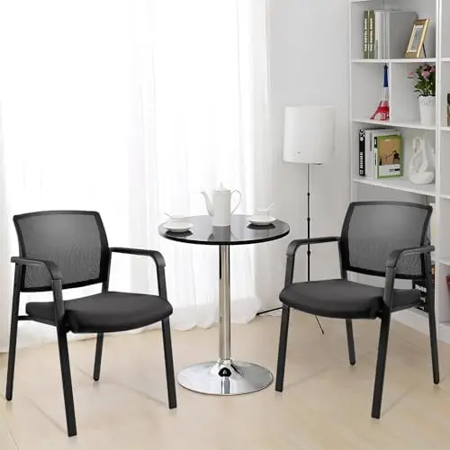 Guest Reception Stacking Office Chairs with Arm, Mesh Back Waiting Room Chair with Upholstered Fabric Seat and
