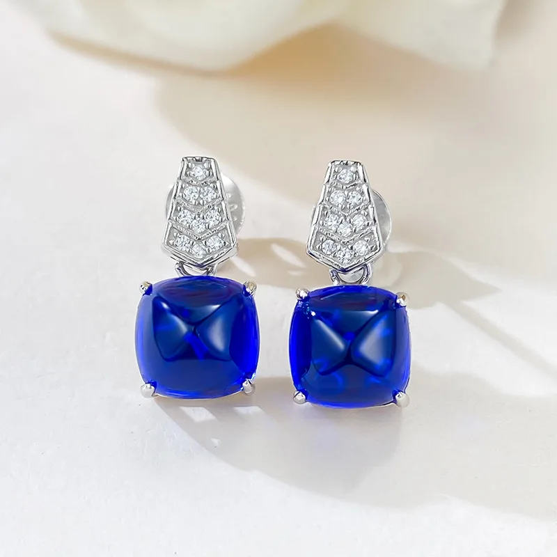 

S925 Silver Earrings Inlaid with 8 * 8 Royal Blue Sugar Tower Earrings for Women's Noble and Elegant Earrings Jewelry