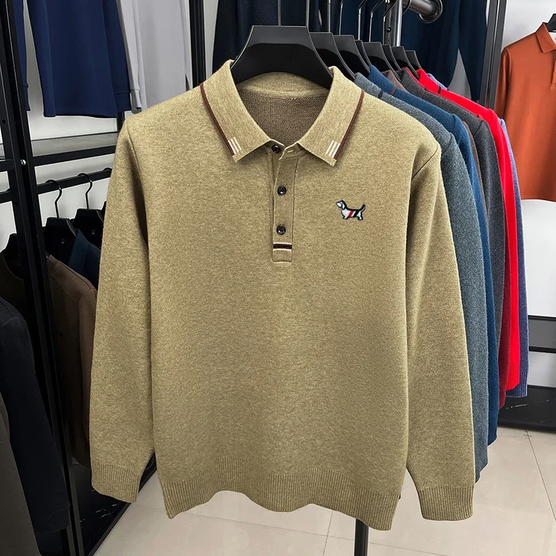 Neues Herbst-Polohemd mit bequemem Schnitt und Print für Herren, Original, hält warm, einfarbiges Langarm-T-Shirt, lässige Herrenbekleidung für den Alltag. – Detail 5