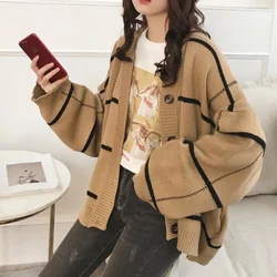 New Plaid Sweater Outerwear Cardigan Women Loose Casual All Matching Short Versatile Western Sle Knit 2024 Autumn Winter