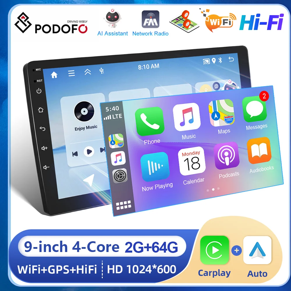 

Podofo Android Car 2din Radio 9inch 2+64G Car Multimedia Player Wireless Carplay Android auto Mirror Link Player GPS Stereo RDS