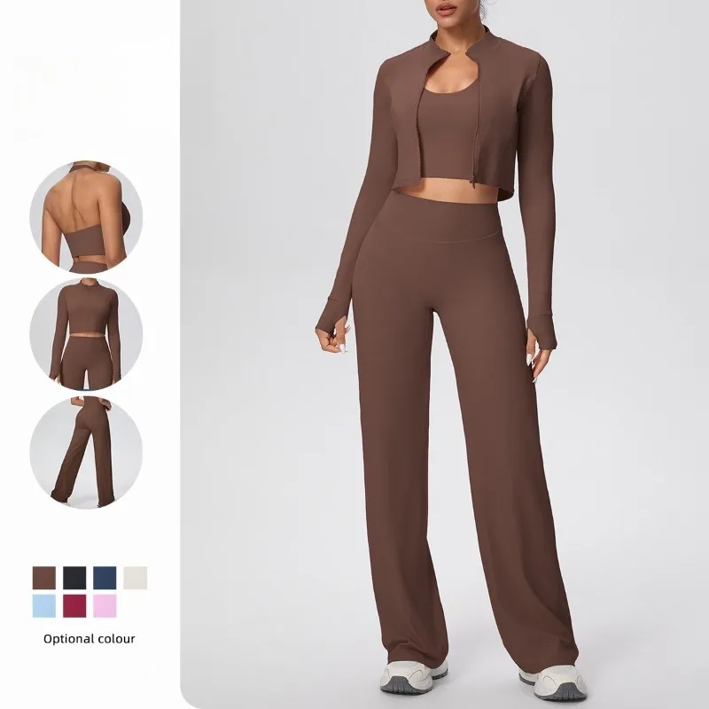 

Женский однотонный костюм для йоги, жилет с узким воротником, широкие брюки, комплект из трех предметов, костюм для спорта и отдыха на открытом воздухе, фитнес-костюм