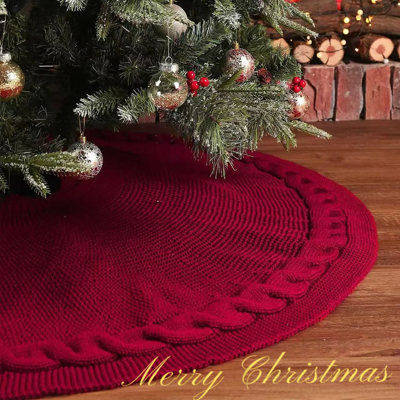 

Merry Christmas Knitted Tree Skirt Chunky Cable Knit Mat Under The Tree Decoration Apron Red White Holiday Home Party Accessory