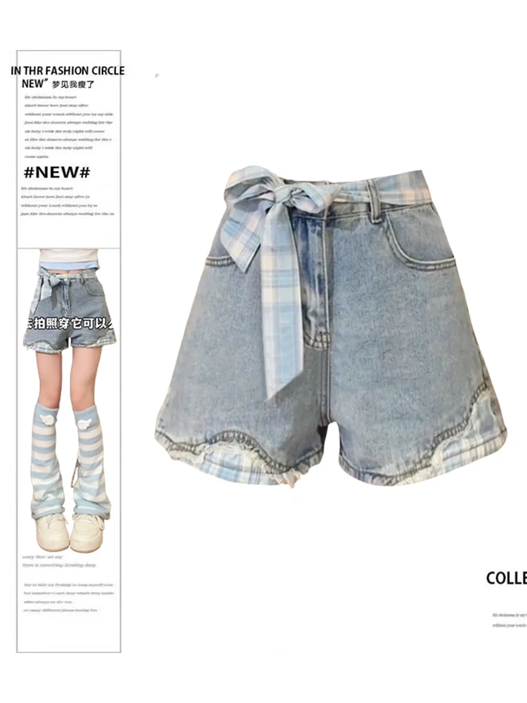 

Летние женские корейские джинсовые шорты в клетку в стиле пэчворк, японские джинсовые шорты Harajuku с высокой талией, шорты 2000-х годов Shoujo Kpop Gyaru Coquette