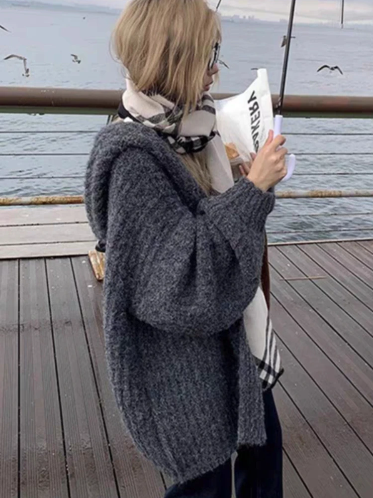 أزياء المرأة الجديدة فضفاضة طويلة الأكمام أنيقة سترة سترة مقنعين فانوس كم بلون محبوك عارضة أعلى