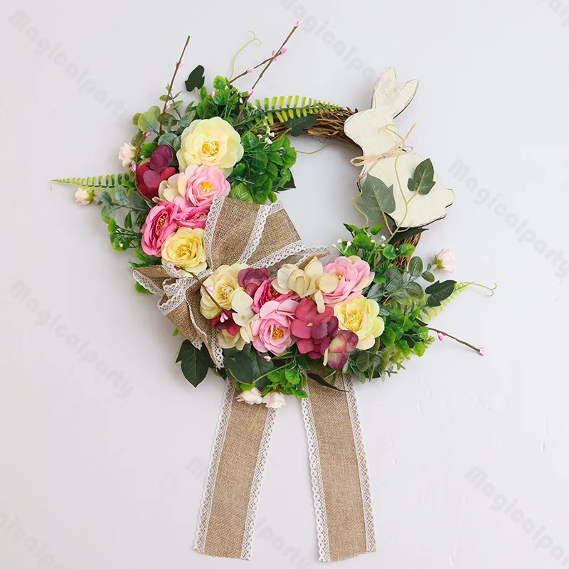 

2023 New Bunny Easter Colorful Wreath Door Wall Hanging Pendants Green Plant Happy Easter Day Party Creative Decor For Home