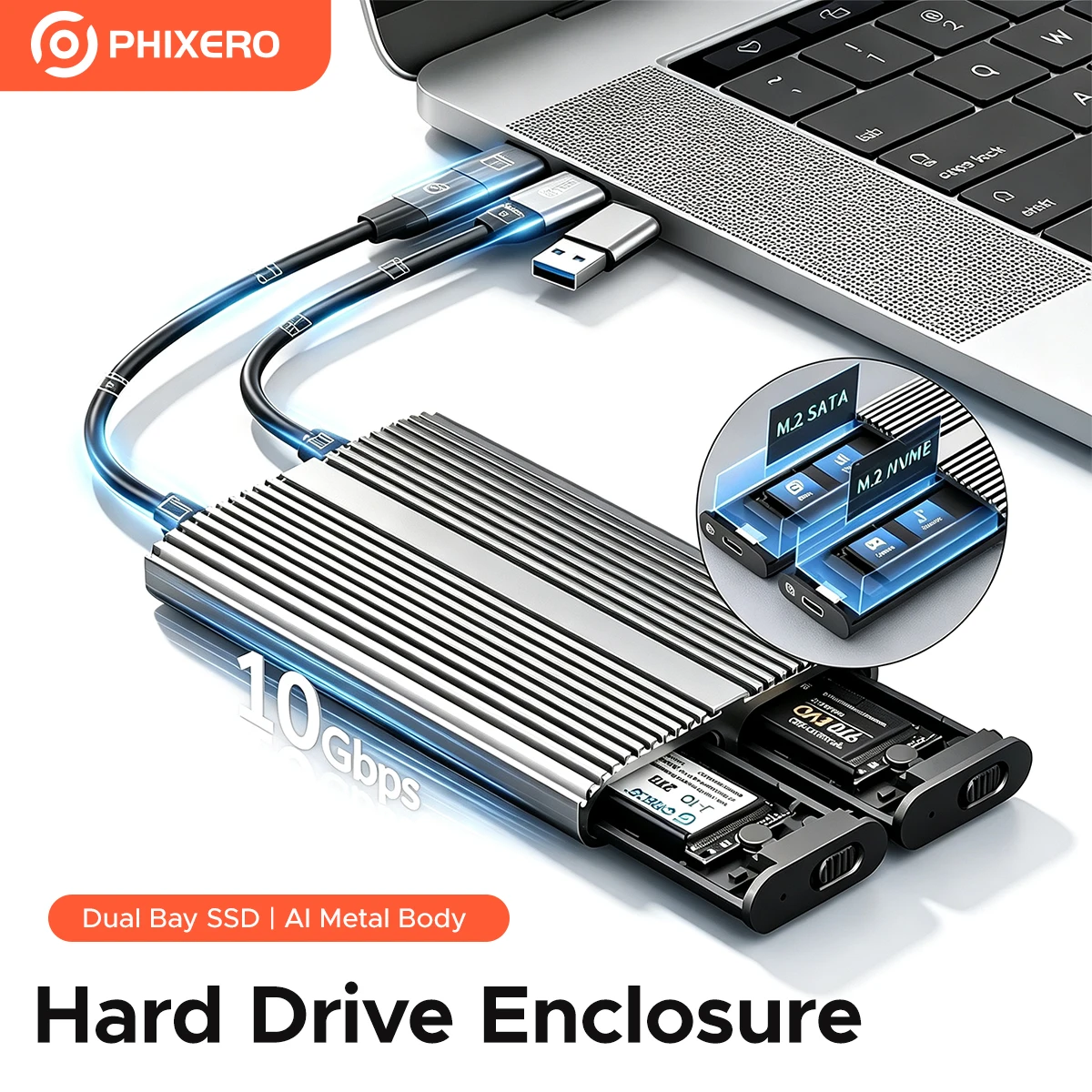 Phixero-デュアルベイ外部HDハードドライブドライブ,収納ボックス,3.0,sata,nvme,ssdハウジング,USB Type C,デュアルプロトコル