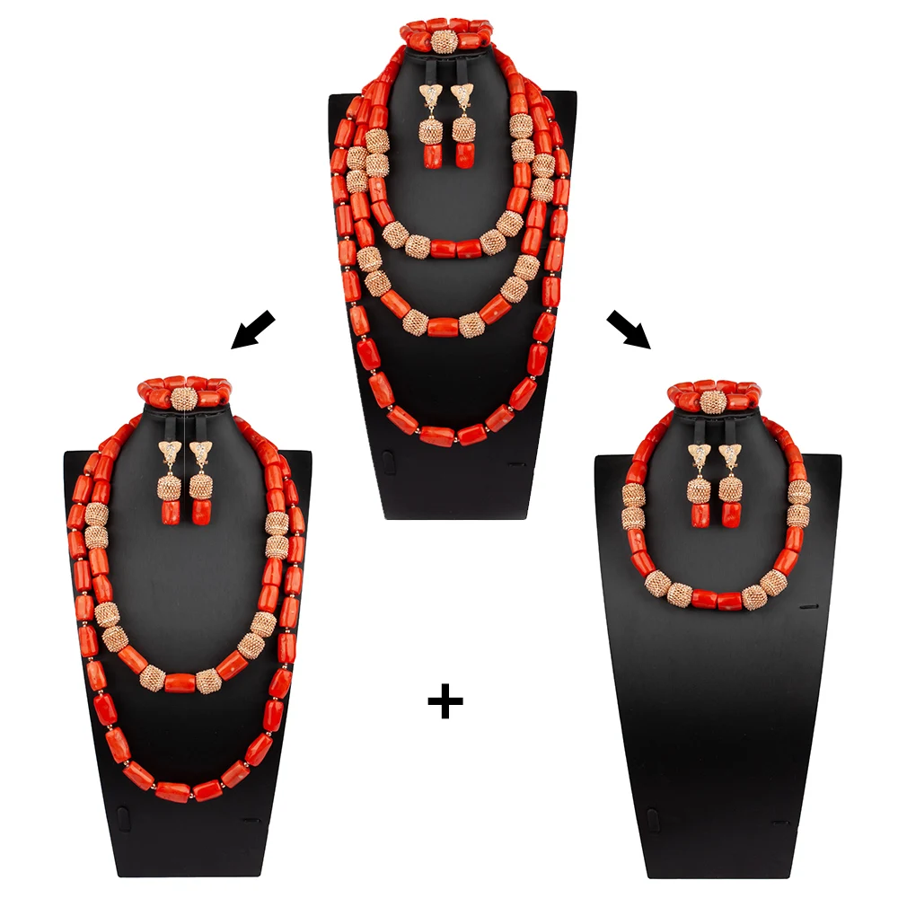 New Original Coral African Beads Jewelry Set Big Three Layers Nigerian Wedding Costume Jewelry Set ABS174