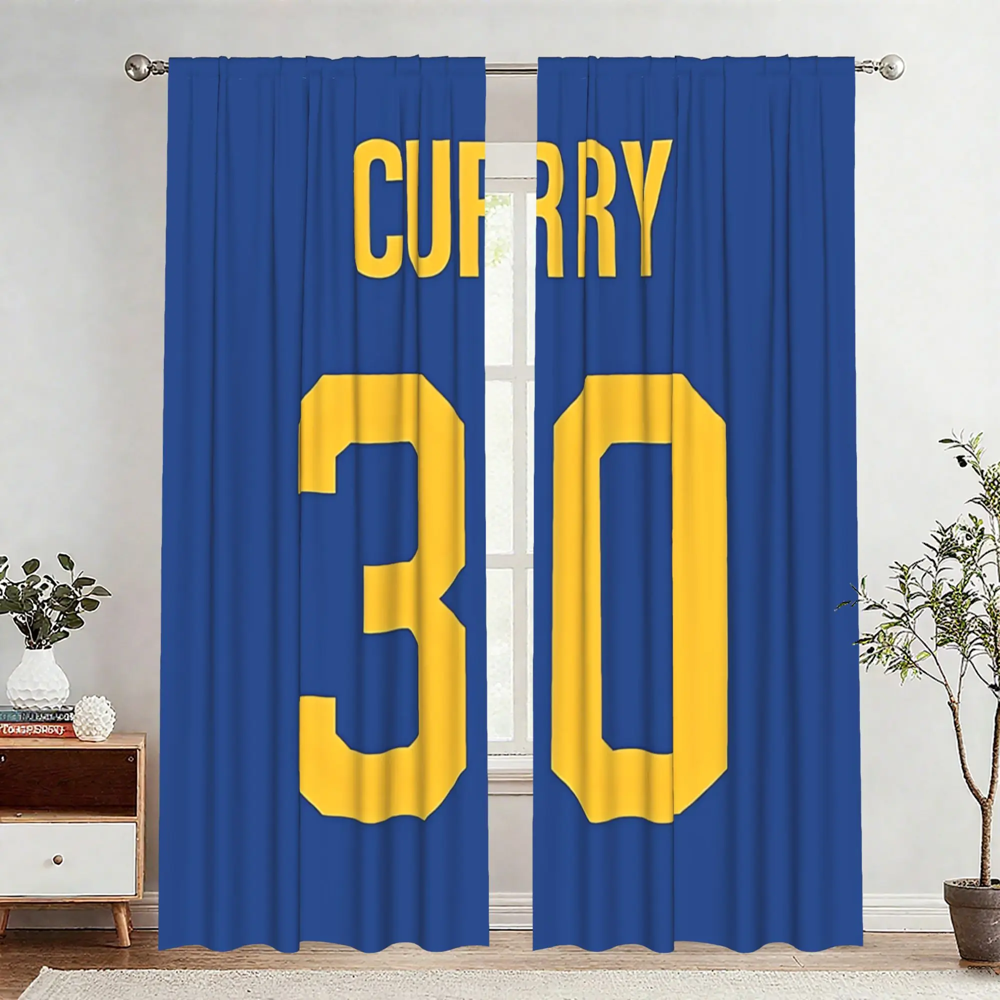 Blue Number 30 Jersey Style Curtain, Yellow Digit Print Drape, Sports Theme Window Treatment, Basketball Fan Cave Decor, Bedroom
