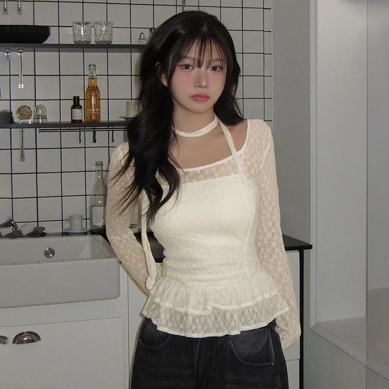 Sweet Style V-Neck Lace Pure Desire Bell Sleeve T-Shirt Slim Fit Short Top Cross-Border New Model Girl's Fashion Trend