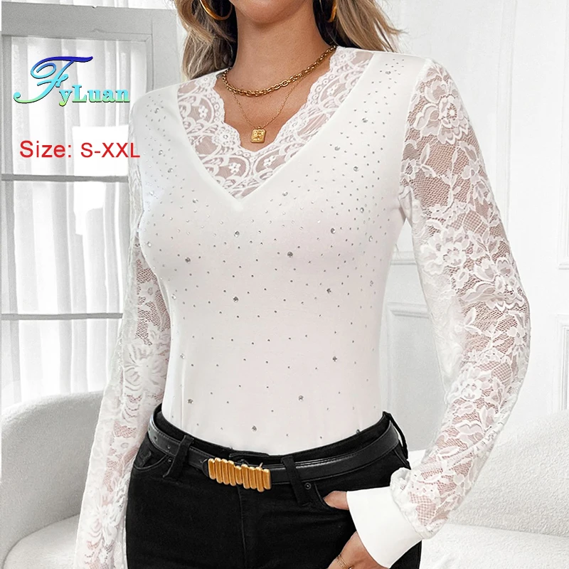 2025 New Temperament Women's T-Shirt V Neck Solid Color Splicing Lace Hot Rhinestones Pullover Fashion Lantern Sleeve Loose Top