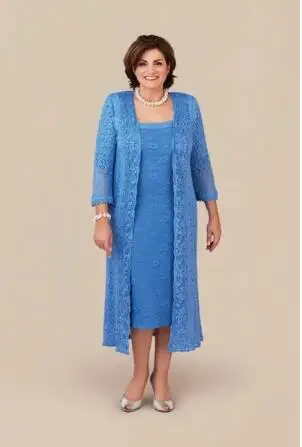 Plus Size Blue Lace Mother Of The Bride Dresses With Long Jacket 2 Pieces Women Tea Length Long Sleeve Wedding Guest Dress