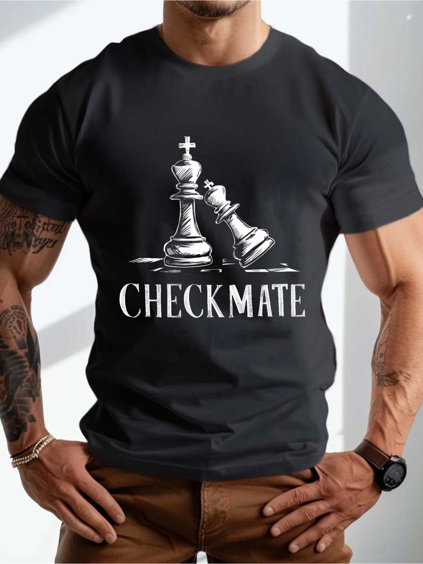 Big And Tall Men's Summer T-Shirt - Victory Chess Pieces Graphic, Casual Short Sleeve Tee, Breathable, Machine Washable, PLUS SI
