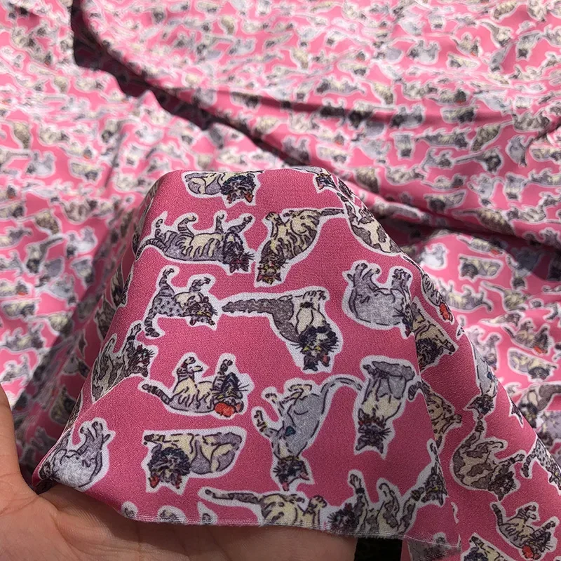 

New Spring Summer High Quality Clothing Printing Cute Cartoon Cat Animal Crepe DeChine Clothing Womens Dresses Fabric Wholesale