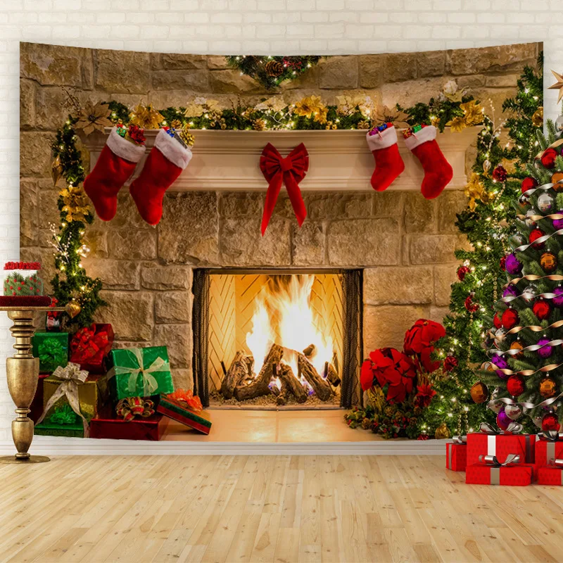 VIKAMA Christmas Fireplace Scene Wall Tapestry Xmas Stocking Gift Tree Wall Hanging Backdrop for Holiday Home Decoration