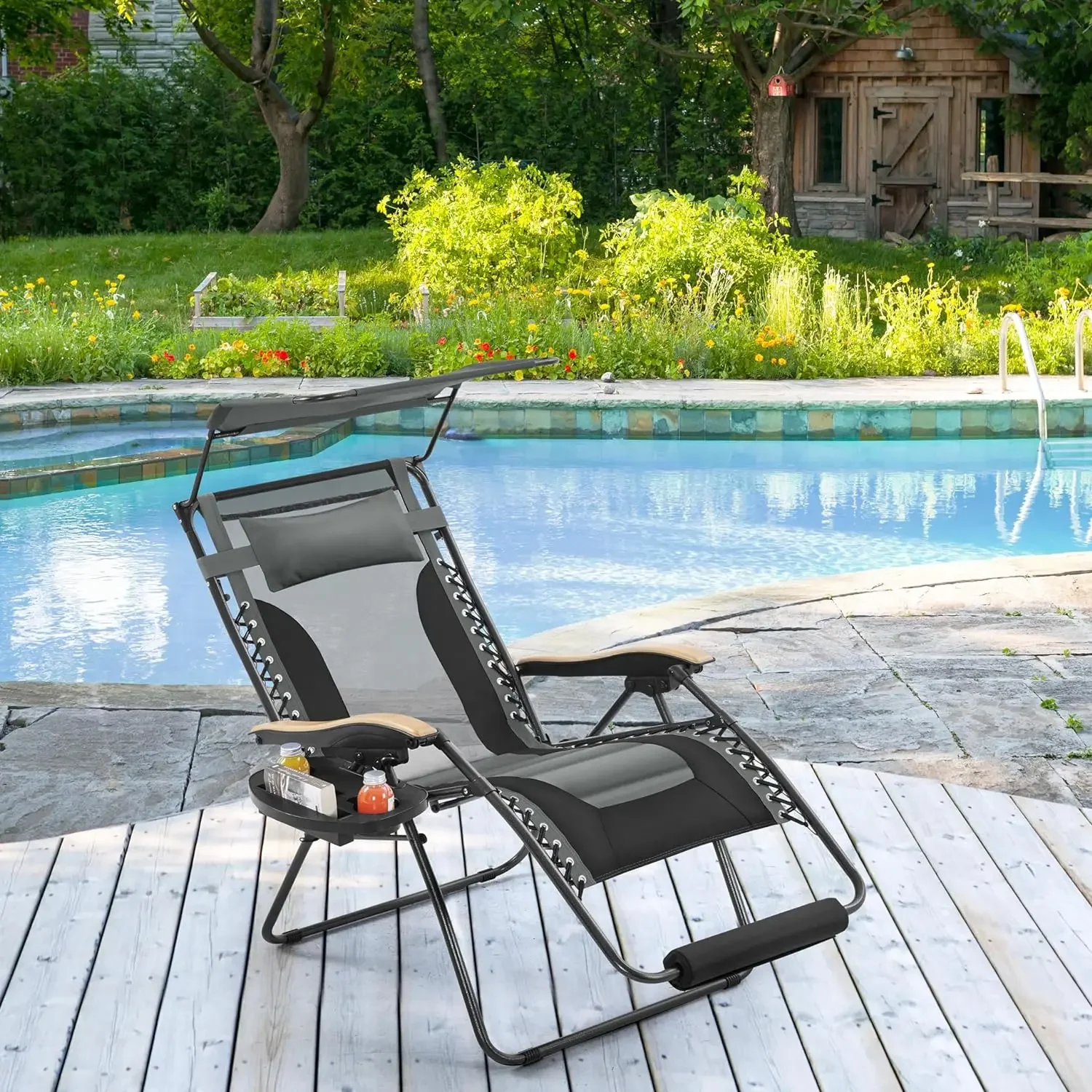 

Gravity Chair, Adjustable Patio Padded Anti Gravity Recliner Foldable Outdoor Lounger with Cup Holder Tray, Canopy Shade