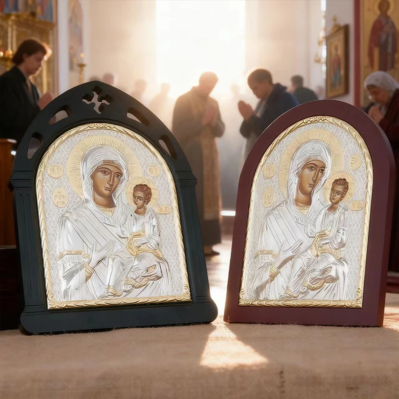 New 2026 Eastern Orthodox Family Worship Dedicated Religious Artifacts Gold Inlaid Silver Madonna and Child Holy Statue Ornament