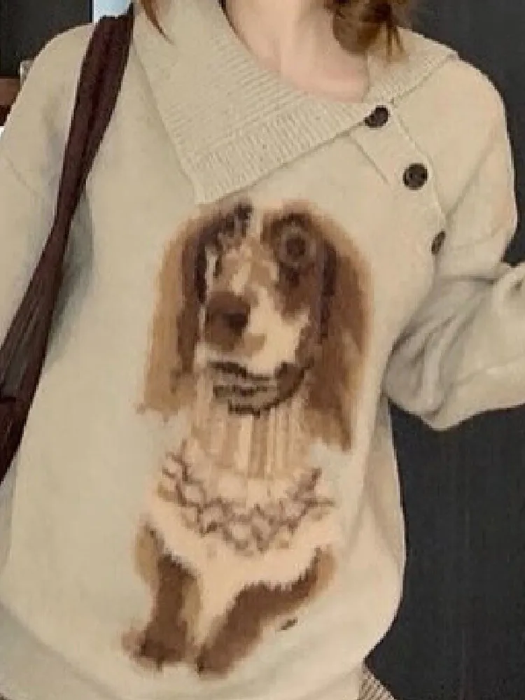 

Шикарный новый свитер с лацканами с рисунком собаки, однобортный вязаный топ с длинными рукавами и принтом животных, осенне-весенняя уличная повседневная верхняя одежда