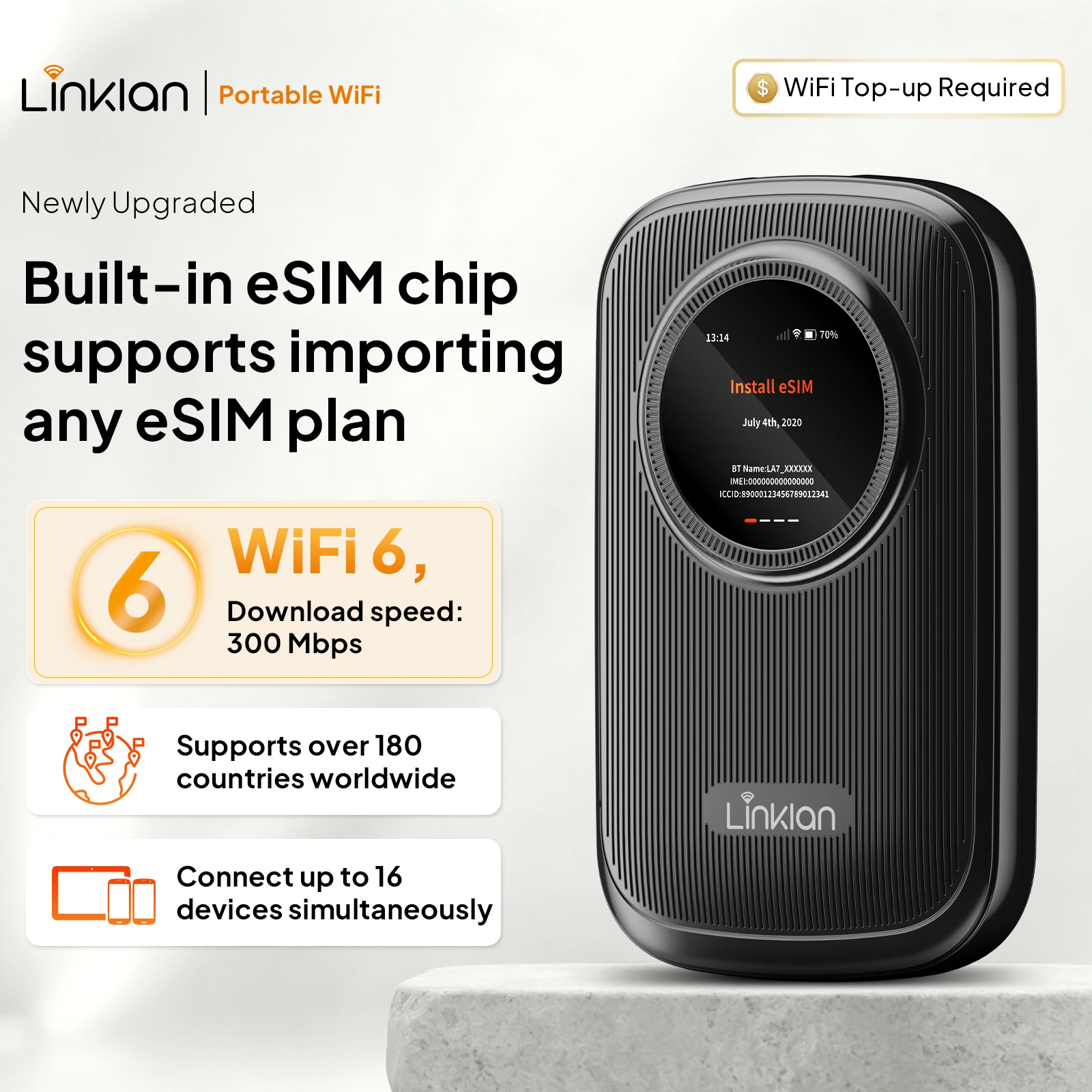 Linklan Global ESIM Portable WiFi, 4G Mobile Router, Dual-mode Virtual SIM & Physical Card, Roaming Wireless Hotspot Device, Hig - view 2