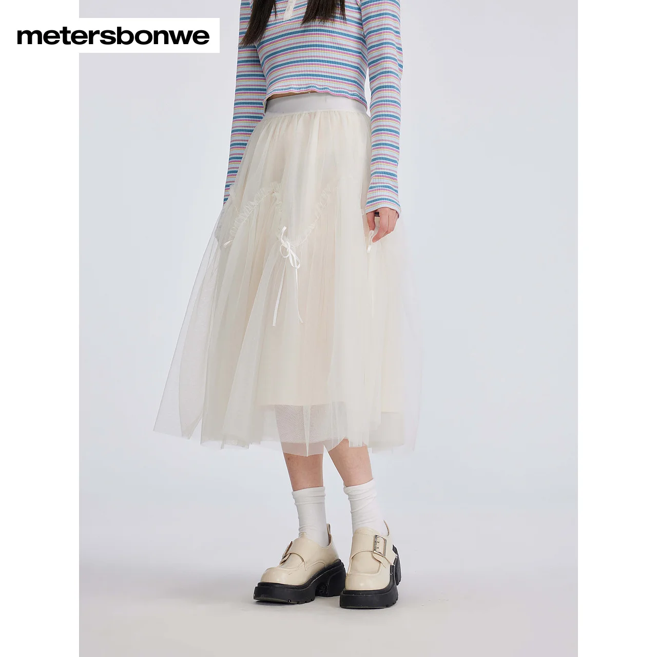 Metersbonwe-dames hoge dichtheid elastische mesh pluizige rok halverwege de kuit lengte strik gebonden gaas rok zoet woon-werkverkeer lente zomer