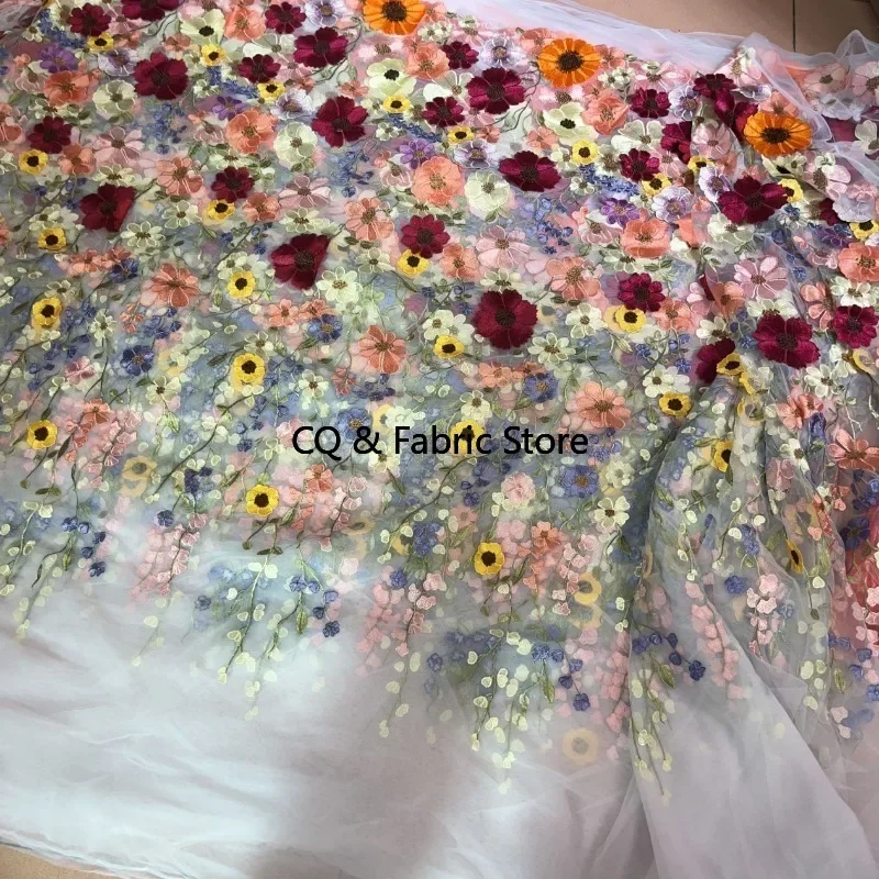 High-End Embroidered Fabric 3D Appliqué Embroidery Lace Fabric Women's Dress Fashion Wedding Dress Material Designer Fabric