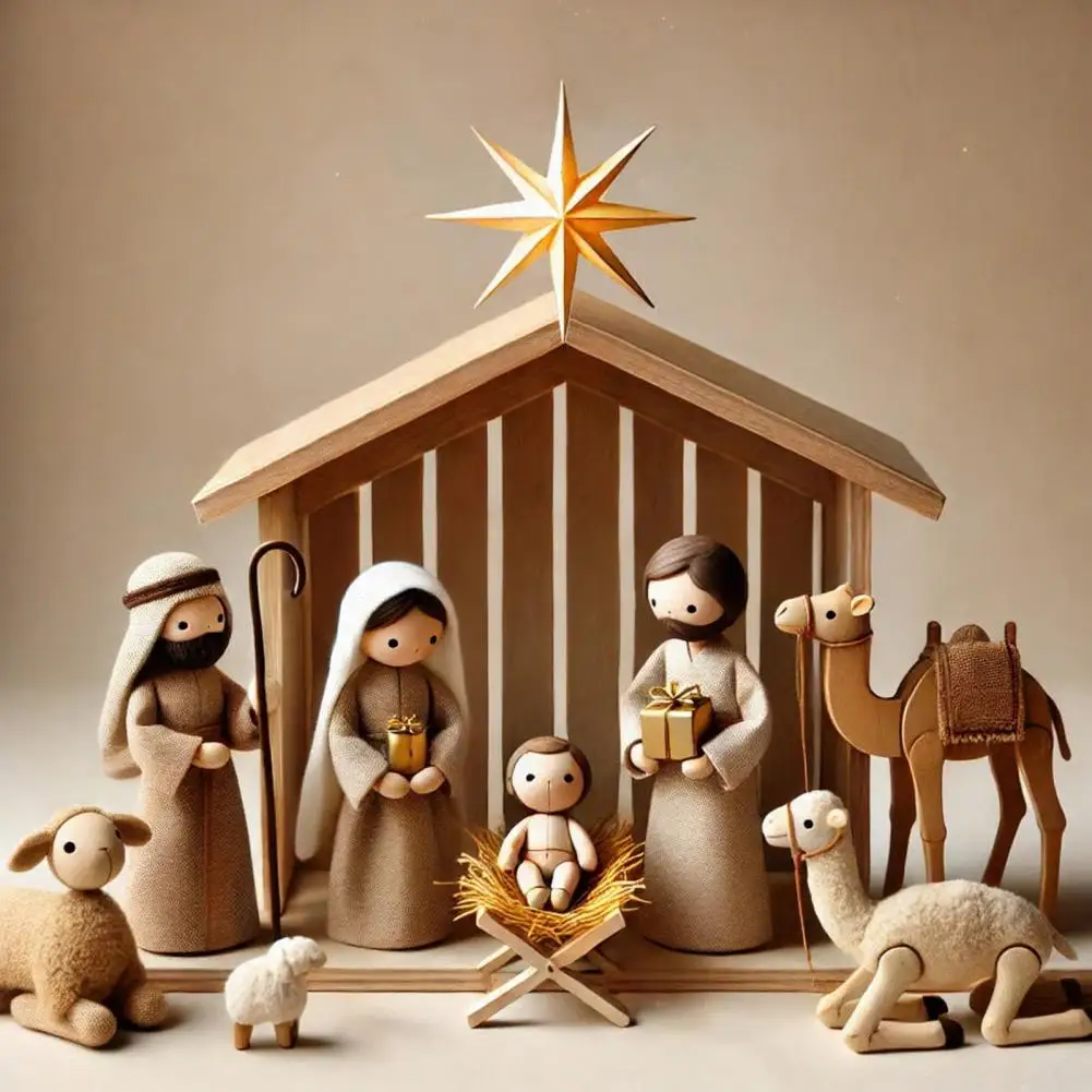 Table Decoration Figurines Handcrafted Wooden Puppet Resin Figurines Set Cute Miniature Doll Ornaments Desktop for Home