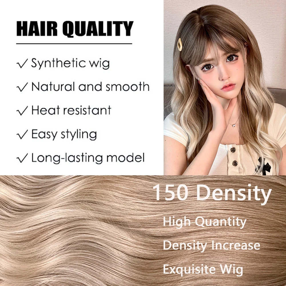 HAIRCUBE Brown to Blonde Synthetic Wigs Long Wavy Wigs with Bangs for Women Christmas Party Daily Wigs High Temperature Fiber