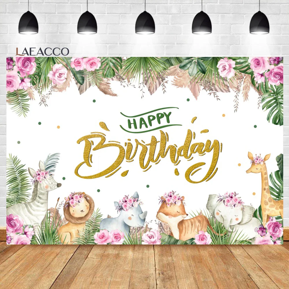 

Laeacco Safari Jungle Animal Backdrop Happy Birthday Tropical Green Leaves Baby Girl Baby Shower Portrait Photography Background