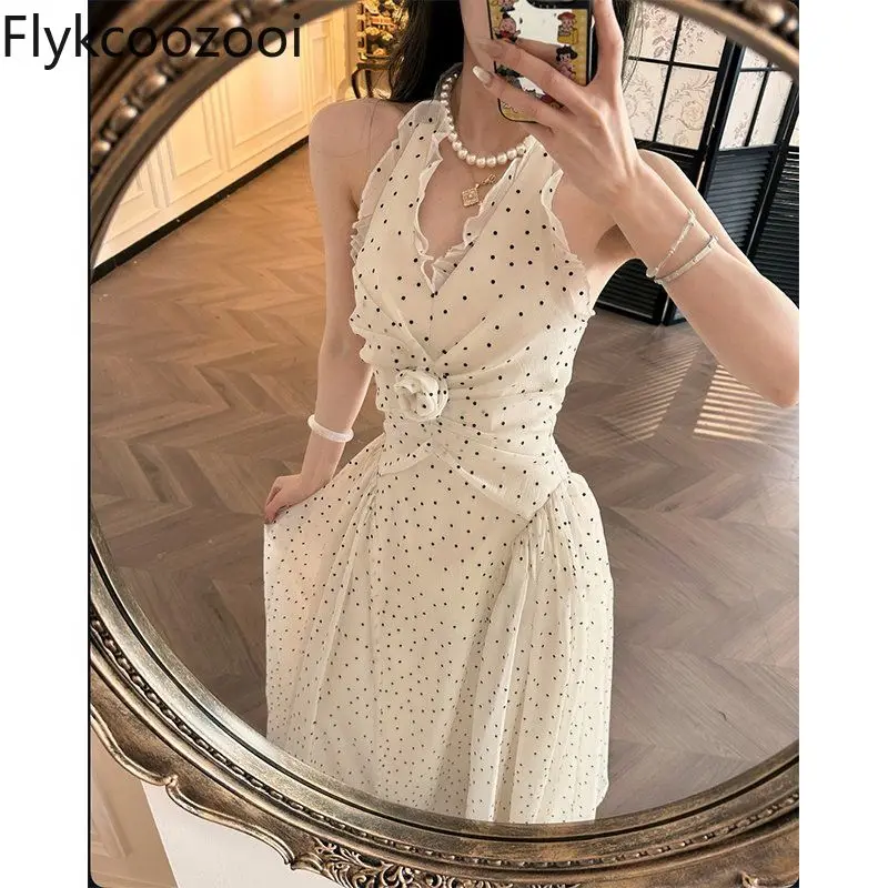 

Appliques Floral Hanging Neck Dot Long Dress Women Tight Waisted Ruffled A-line Slim Dress Summer Backless Sexy Elegant Cloth