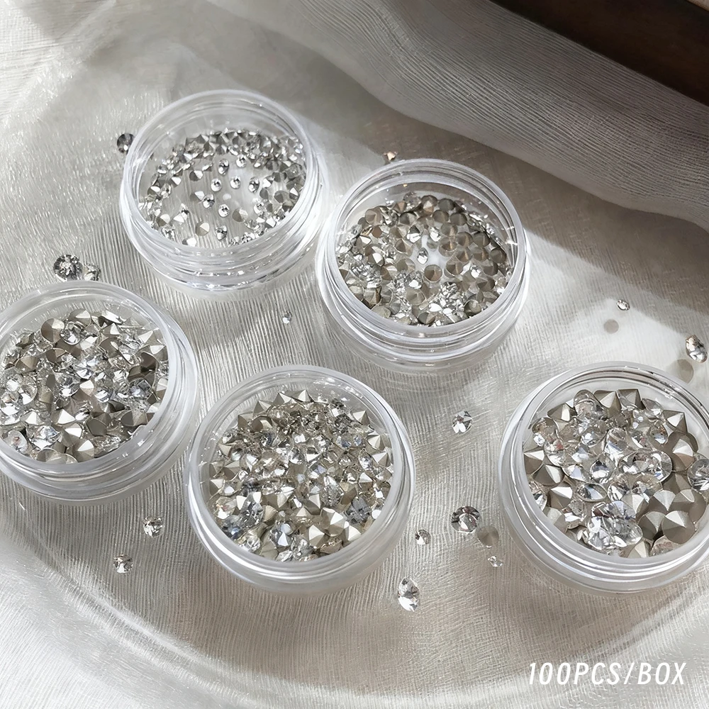 50/100pcs Clear Crystal 3D Zircon Nail Art Rhinestones 1.5/2/2.5/3/3.5/4mm Pointed-bottom Glitter Diamond Nail Gemstone Supplies