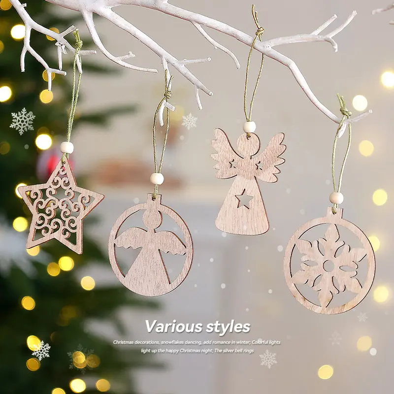 Classic Rustic Wood Ornament Pack Cartoon Elderly Man Angel Design 12 Pieces Delicate Hangings For Christmas Home Layout