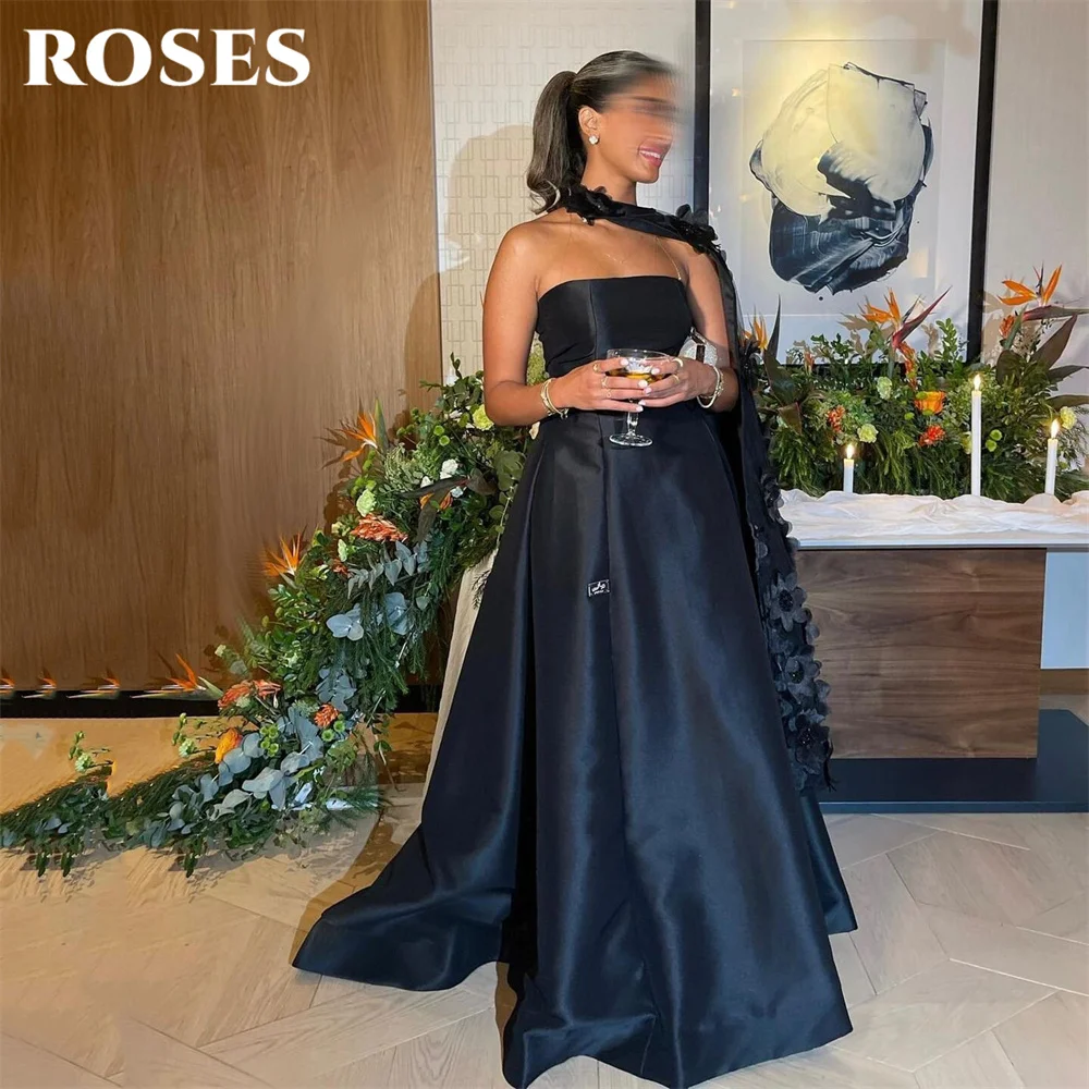 

ROSES Black Party Dress A Line Prom Dress Strapless Satin Evening Dresses with Floral Cape فساتين السهرة Customized