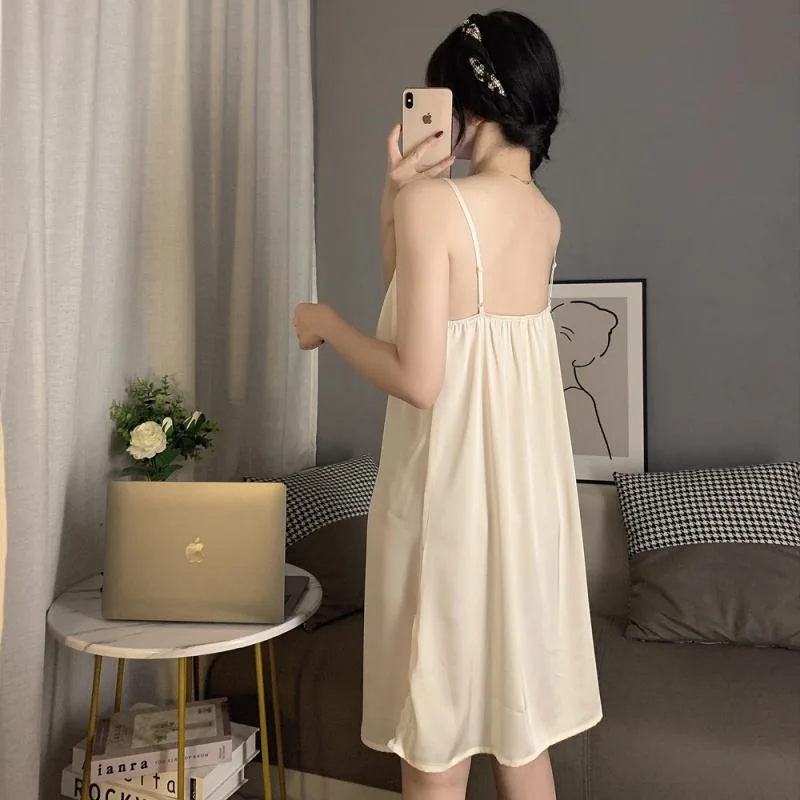 150kg Plus Size Home Dress Women Summer Thin Ice Silk Sleeveless Loungewear Suspenders Mid Length Nightgown Loose Sleepdress 3XL